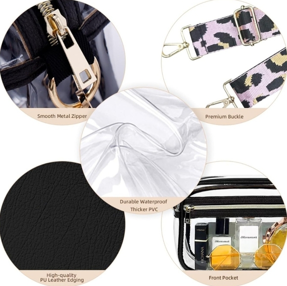🆕 Clear Boho Stadium Shoulder Crossbody Purse Black Leather Pink Leopard Strap - Picture 2 of 4